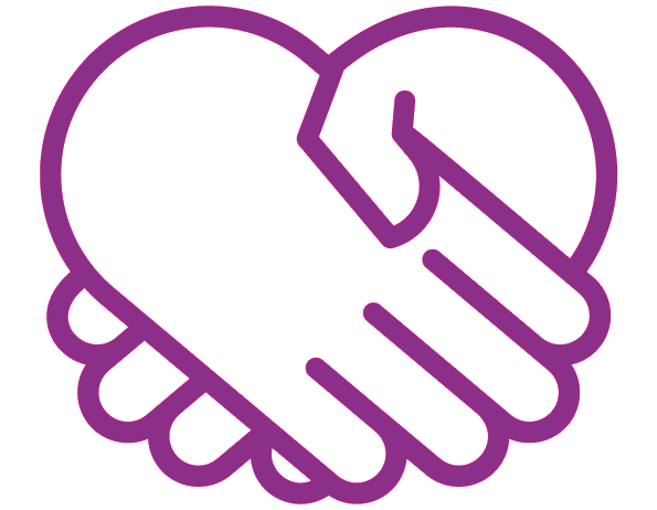 Two purple shaking hands in the shape of a heart to represent Integrity